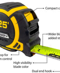 Beefed Up Heavy Duty 25 Foot Contractor TS Wide Blade Tape Measure With Backside Print and Manual Lock shown with features