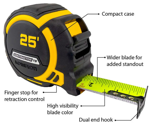 Beefed Up Heavy Duty 25 Foot Contractor TS Wide Blade Tape Measure With Backside Print and Manual Lock shown with features