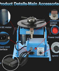Smooth Operator Rotary Welding Positioner Turntable showing 20W DC motor, speed knob, pedal, and power interface details.