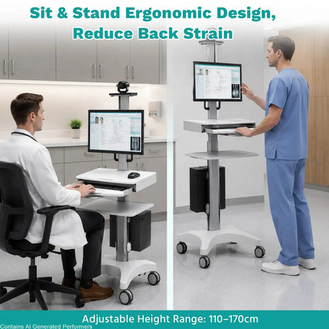 Game Changer Height Adjustable Medical Computer Cart With Sturdy Monitor Mount And Smooth Ride Wheels Top Shelf Sit Stand Mobile Workstation in hospital, height adjustment view.