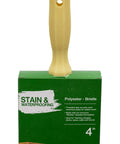 Satin And Stain Block Brush Poly Bristle Blend, Four Inch Stain Brush For Rough Siding Surfaces in packaging with plastic handle.
