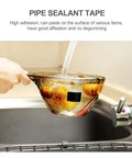Waterproof Sealing Tape For Leak Repair With Heavy Duty Adhesive Quick Set Black Tape applied on a leaking bowl under running water.