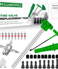 All In One Tire Valve Stem Core Replacement Tool Kit With Quick Change For Cars Trucks And ATVs Includes TR413 TR414 TR418 Pro Grade Cores Installation Push Rod T Hook 4 Way Tool Caps displayed with tools and accessories