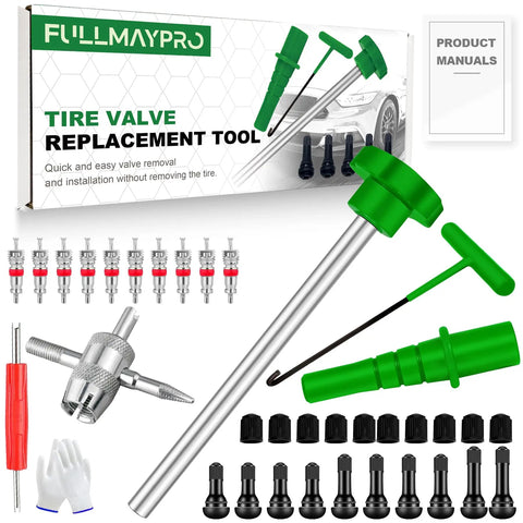 All In One Tire Valve Stem Core Replacement Tool Kit With Quick Change For Cars Trucks And ATVs Includes TR413 TR414 TR418 Pro Grade Cores Installation Push Rod T Hook 4 Way Tool Caps displayed with tools and accessories