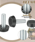 Close-up of 10 Pack Adjustable Furniture Levelers M8 X 25mm Thread Screw In Leveling Feet Glides, steel core with non-slip base.