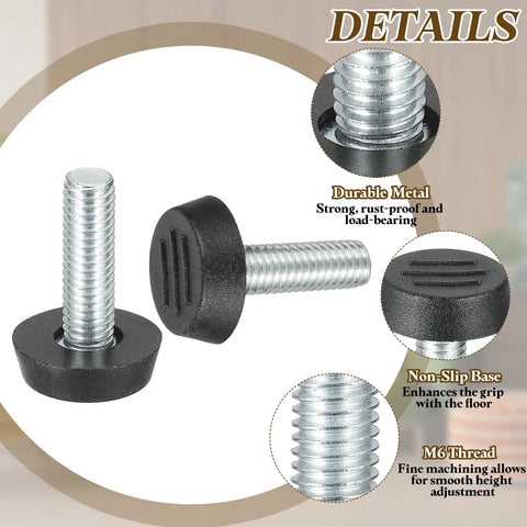 Close-up of 10 Pack Adjustable Furniture Levelers M8 X 25mm Thread Screw In Leveling Feet Glides, steel core with non-slip base.