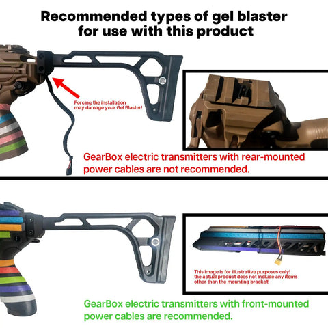 Image showing nylon stock with cheek riser mounted on gel blaster, highlighting compatibility with front-mounted power cables.
