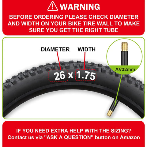 26 Inch Bike Inner Tube 4 Pack Fits 26 x 1.75 2.125 Road And Mountain Bikes Schrader Valve 32mm Includes 2 Tire Levers Anti Aging Durable Tubes For Rough Roads And Trail Rides, tire size warning diagram.