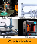 Collage showing robot project, 3D printers, CNC machine, and 2020 aluminum profile frame with wide applications