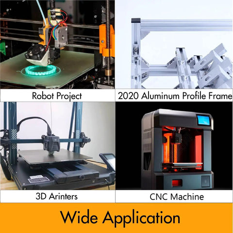 Collage showing robot project, 3D printers, CNC machine, and 2020 aluminum profile frame with wide applications