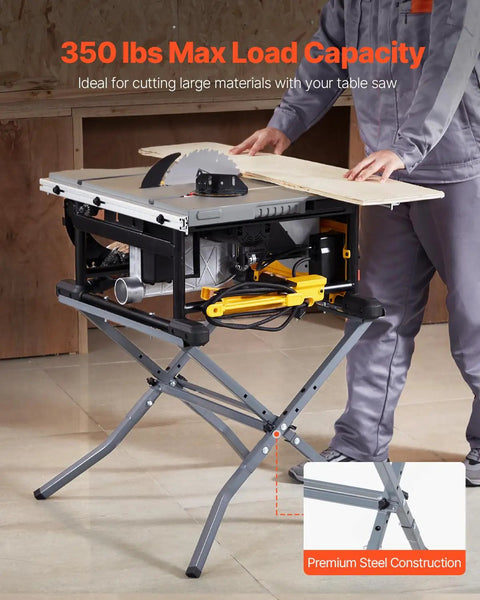 Heavy Duty Table Saw Stand With 350 Pound Load Capacity, showcasing premium steel construction and workspace usability.