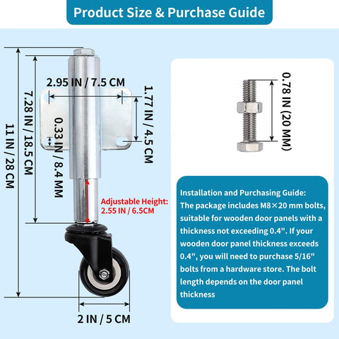 Diagram of Gate Caster With Spring Loaded Retractable Wheel For Wooden Gates And Yard Fences, Two Inch Wheel, detailing measurements.