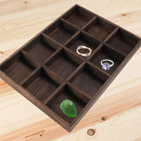 Super Sweet Handcrafted Vintage Wooden Jewelry Tray With Twelve Separate Slots For Stashing Rings And Beads Rustic Pine Display Plate Desk Bling Organizer with rings and gem