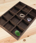 Vintage Solid Wood Jewelry Tray With 12 Spacious Compartments Smooth Edge Ring Holder And Decorative Display Plate, showing rings and a green stone.