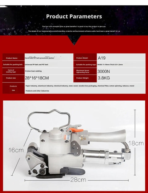 Portable Pneumatic Baler For Steel And Plastic Strapping Lightweight Warehouse Packing Machine With Kickass Alloy Durability and dimensions 28x16x18cm