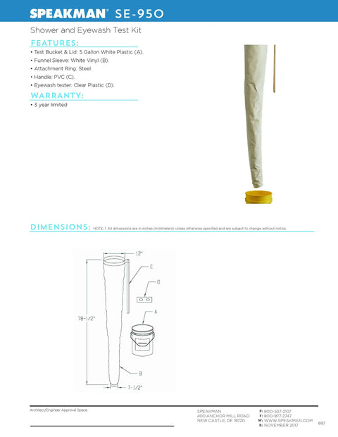 Emergency Safety Shower And Eyewash Station test kit components with plastic test bucket and dimensions