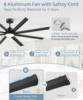 84 Inch Indoor Outdoor Ceiling Fan With Lights, Industrial Grade 8 Reversible Aluminum Blades, shown with safety cord.