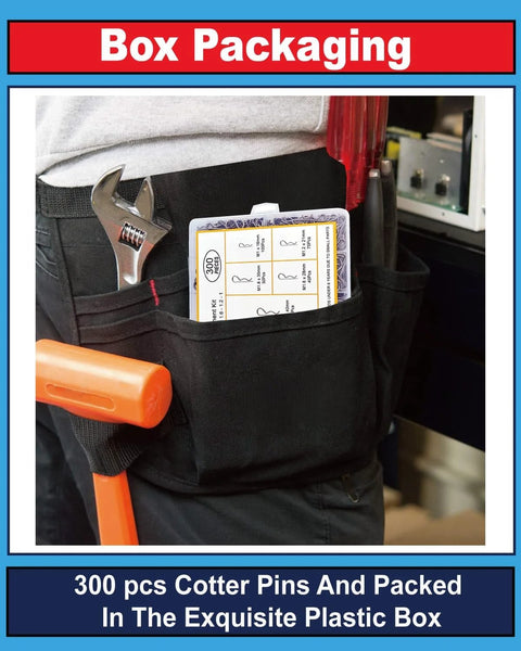 Front view of tool belt pocket holding a 300-piece stainless steel cotter pin kit in a plastic box with 7 sizes.