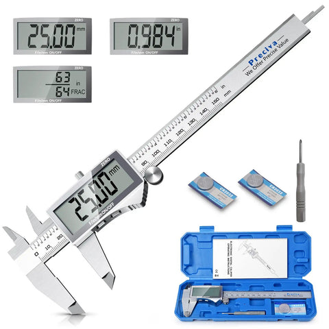 Digital Caliper With Large LCD Screen For DIYers And Pros, Pro Grade Stainless Steel Measuring Tool, case, batteries, and screwdriver