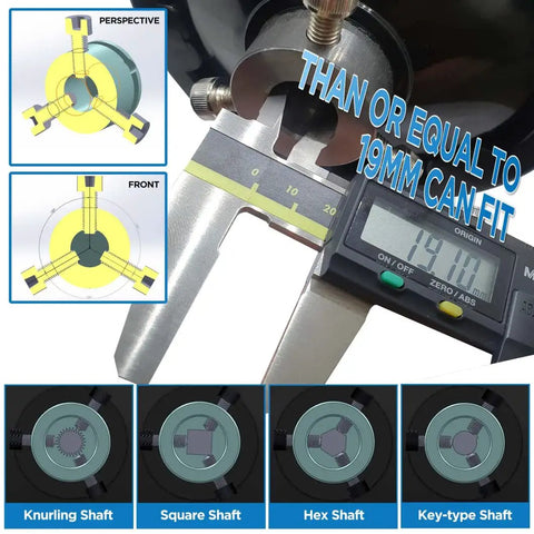 Close-up of 6 Inch Ultimate Handwheel for Any Machine fits three quarter inch shaft or smaller, detail of measurement and fit types.
