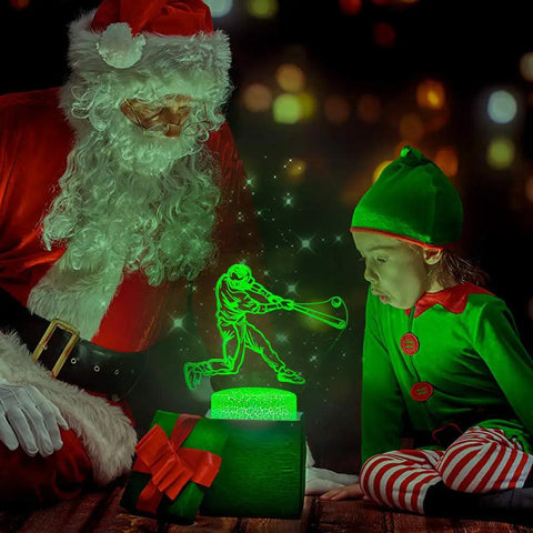 Santa and child looking at Baseball Man 3D Lamp Night Light with Remote Control, glowing green with safe soft glow for kids.