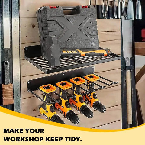 Heavy Duty Power Tool Organizer Rack With Two Levels And Four Cordless Drill Holders, Space Saving Wall Mount Shelf For Garage