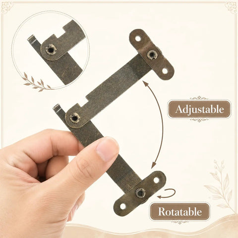 Hand holding Six Piece Antique Brass Lid Support Folding Hinges For Jewelry Boxes And Wooden Cabinets, labeled adjustable and rotatable
