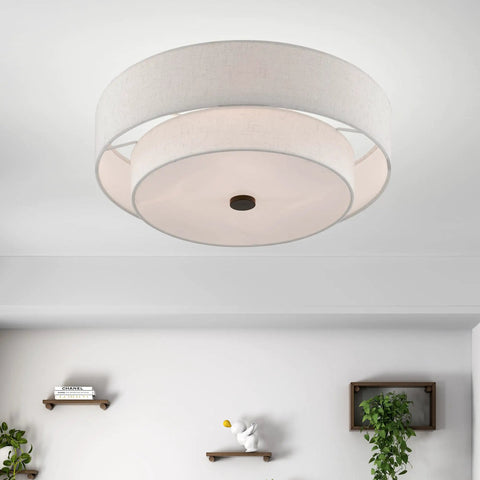Four Light Semi Flush Mount Ceiling Fixture In English Bronze With Oatmeal Fabric Hardback Drum Shade And Satin White Diffuser
