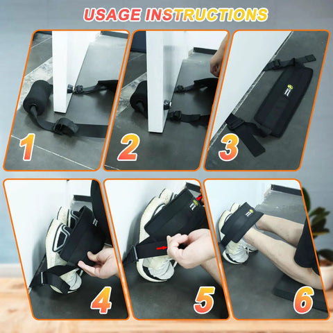 Steps showing setup of Nordic Hamstring Curl Strap with Adjustable Length and Oversized Foam Stopper for Home Gym Workouts.