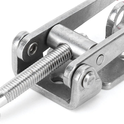 Close-up of Beefy Heavy Duty Adjustable Toggle Latch Clamp in stainless steel, showcasing the detailed screw mechanism and durable build
