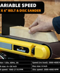 Variable Speed Belt And Disc Sander For Woodworking, 4 X 36 Inch Belt And 6 Inch Disc, 2000 4000 RPM, in use sanding wood.