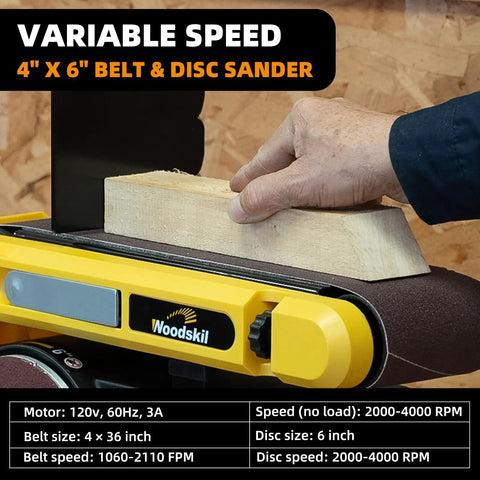 Variable Speed Belt And Disc Sander For Woodworking, 4 X 36 Inch Belt And 6 Inch Disc, 2000 4000 RPM, in use sanding wood.