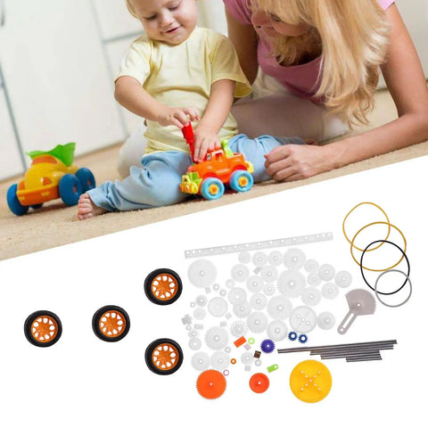 Plastic Gear Set For Small Motors And DIY Robots 78 Piece Spindle Gears Kit shown with assembly parts and children playing