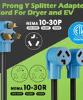 Heavy Duty 30 Amp Y Splitter Adapter Cord With Nema 10 To Dual 30 R Plugs For Level 2 EV Charging And Dryer Outlet Power Extension blue plug.