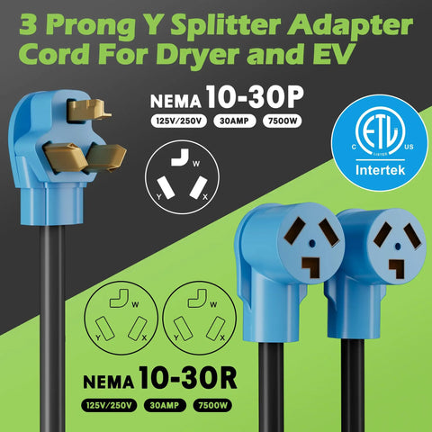 Heavy Duty 30 Amp Y Splitter Adapter Cord With Nema 10 To Dual 30 R Plugs For Level 2 EV Charging And Dryer Outlet Power Extension blue plug.
