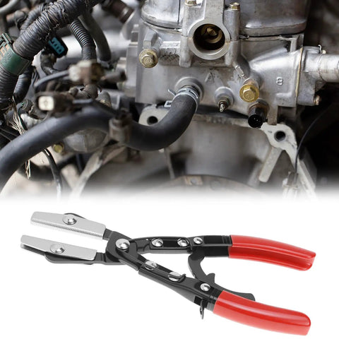 Automatic Locking Ratcheting Hose Pinch Off Pliers 10 Inch with comfort grip handles shown near engine components.