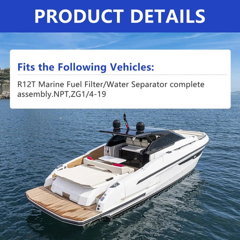 Marine Fuel Water Separator Kit For R12T 10 Micron Filter Replacement For Gas And Diesel Outboard Motors shown with boat