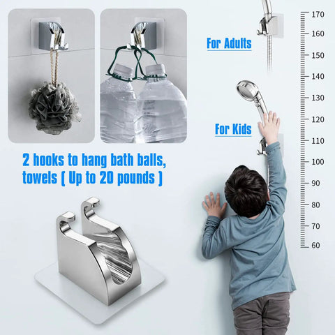 Heavy Duty Chrome Handheld Shower Head Holder With Two Hanger Hooks Self Adhesive Wall Mount For Standard Shower Heads