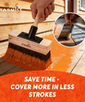 7 Inch Deck Stain Brush Applicator With Hybrid Wavy Crimped And Straight Bristles For Fast Even Coverage, in use on deck