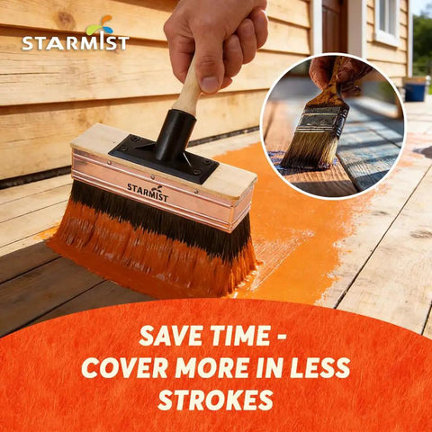 7 Inch Deck Stain Brush Applicator With Hybrid Wavy Crimped And Straight Bristles For Fast Even Coverage, in use on deck