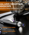 Close-up of dual lens endoscope camera with light 1080P HD borescope showing 5 inch IPS screen and lenses.