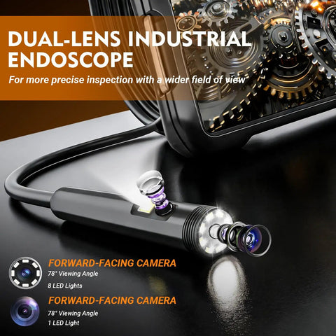 Close-up of dual lens endoscope camera with light 1080P HD borescope showing 5 inch IPS screen and lenses.