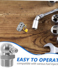 90 Degree Stainless Steel Grease Nozzle Kit With Angled Fittings, Heavy Duty Pro Grade Grease Fitting Tool Set on wooden surface