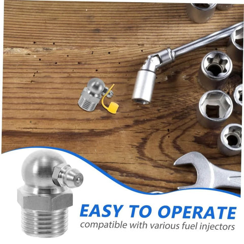 90 Degree Stainless Steel Grease Nozzle Kit With Angled Fittings, Heavy Duty Pro Grade Grease Fitting Tool Set on wooden surface
