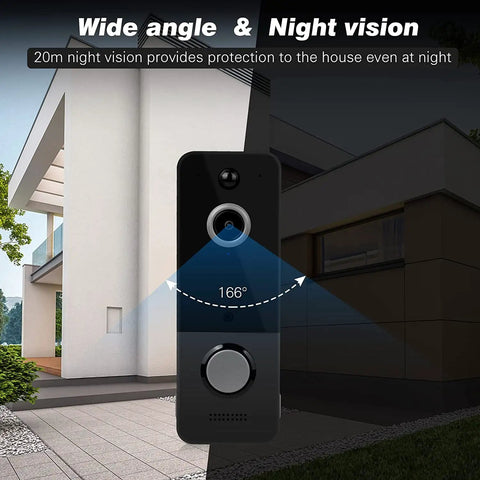 Wireless Video Doorbell With Chime 1080P HD Camera shown with 170 Degree Wide Angle and Night Vision feature at modern house entrance