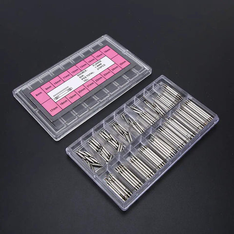 Watch Band Pins Kit 270 Pcs 1.8mm Metal Spring Bar Set with compartment box for DIY repair and jewelry making.