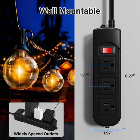 Outdoor Power Strip 6 Ft IPX4 Waterproof Surge Protector With 3 Widely Spaced Outlets, 45 Degree Flat Plug, Wall Mountable Extension Cord