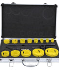 Premium M42 High Speed Steel Hole Saw Set With 13 Sizes And Wing Cutter Design For Fast Wood Metal Drill Work Includes Storage Case open case with yellow hole saws