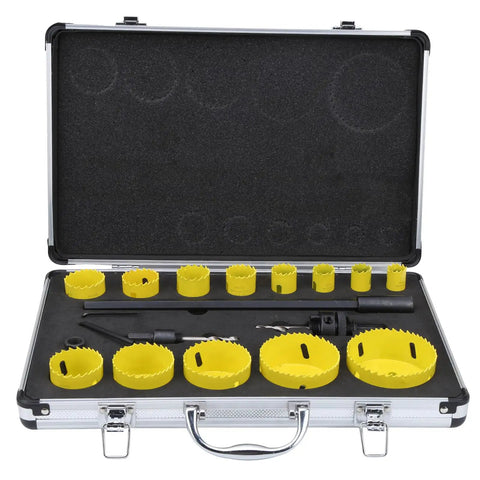 Premium M42 High Speed Steel Hole Saw Set With 13 Sizes And Wing Cutter Design For Fast Wood Metal Drill Work Includes Storage Case open case with yellow hole saws
