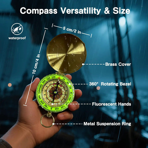 Old School Pirate Telescope Spyglass Zoomable 25x30 Portable Collapsible Handheld Monocular With Copper Pocket Compass For Camping Boating Survival Gear And Outdoor Adventures, brass compass open